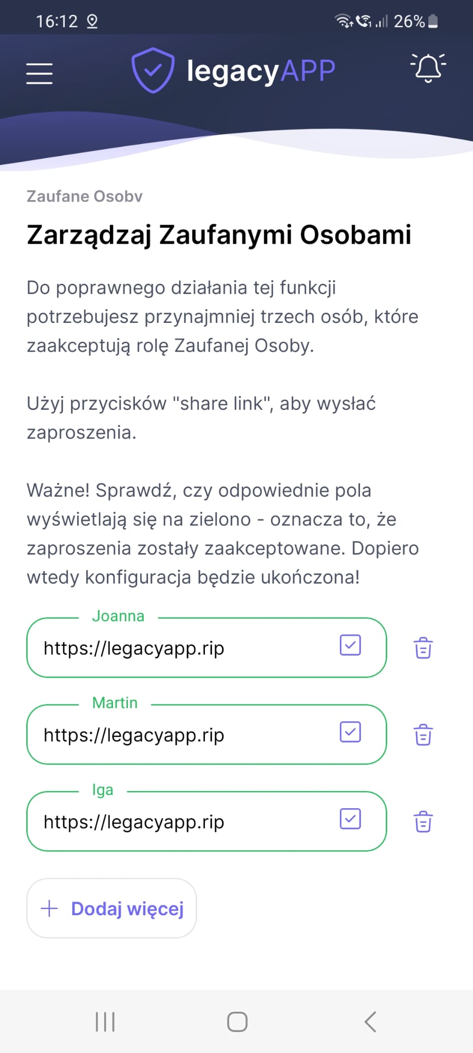 Prawidłowa konfiguracja Zaufanych Osób w LegacyApp: zielone obramowanie i imię Zaufanej Osoby