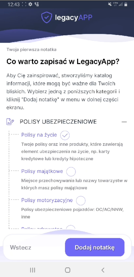 Dodawanie dokumentu w LegacyApp - wybór kategorii