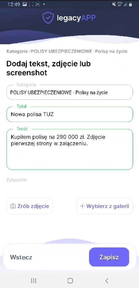 Dodawanie dokumentu w LegacyApp - zapisana notatka