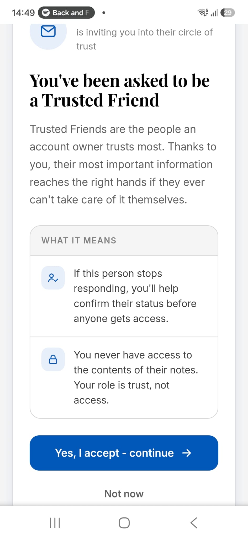 Inviting and setting up Trusted Friends in the LegacyApp app