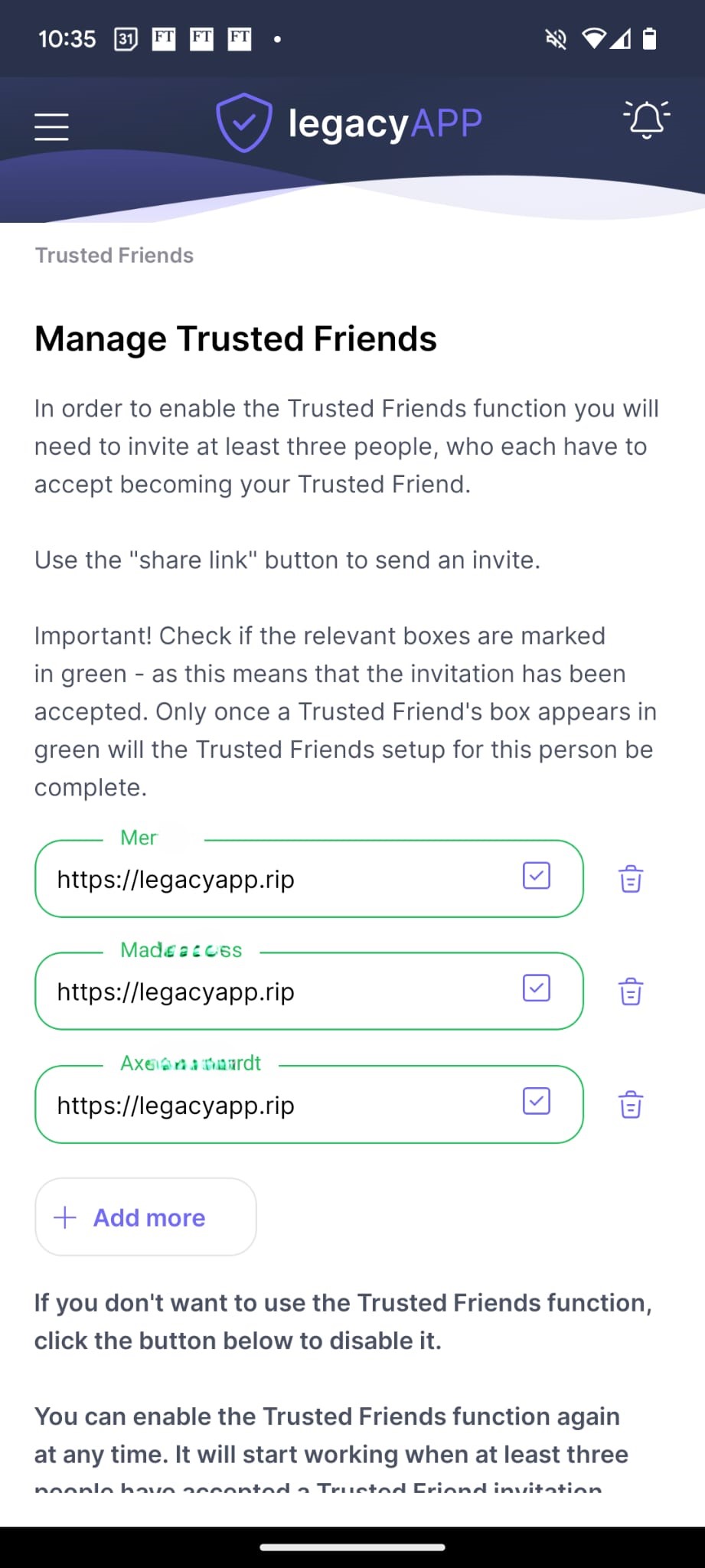 Correct Trusted Friends setup in LegacyApp: green border and the Trusted Friend's name