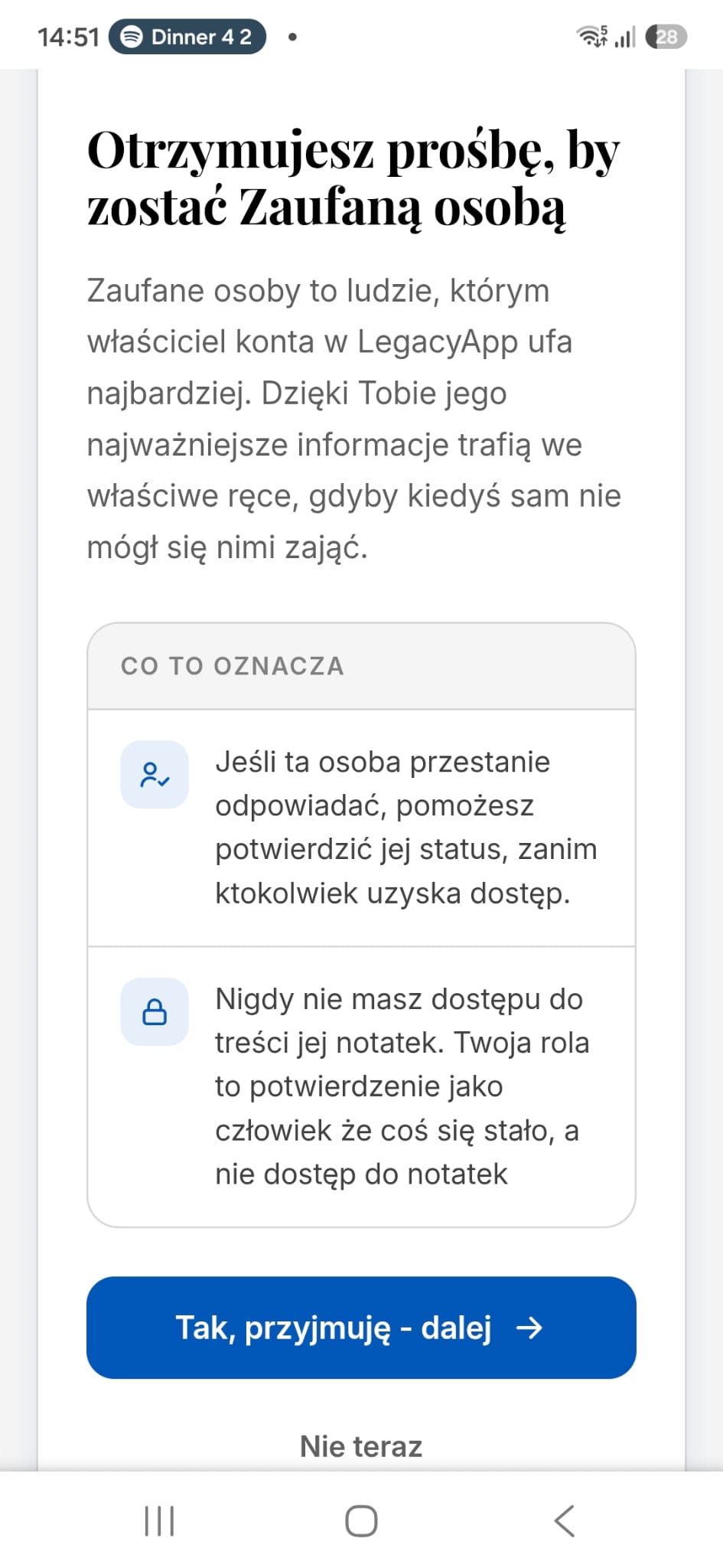 Zapraszanie i konfiguracja Zaufanych Osób w aplikacji LegacyApp
